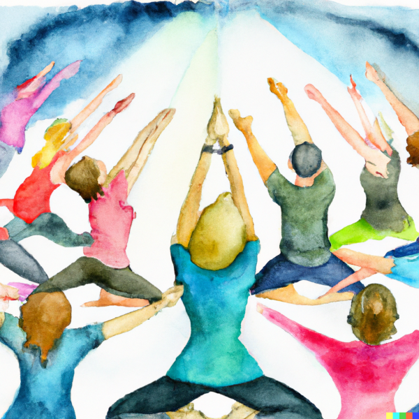 DALL·E 2022 12 31 19.29.25 watercolor of a diverse group of people practicing gentle yoga together