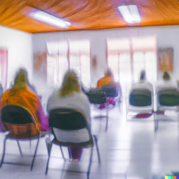 impressionist group of meditators in a meditation hall with some in chairs